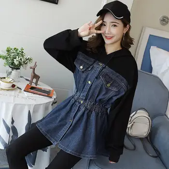 

Aulead Women Spring Patchwork Denim Hoodies Casual Elastic Waist Hooded Pullover O-Neck Hoody Pocket Plus Size Sweatshirts 50cs