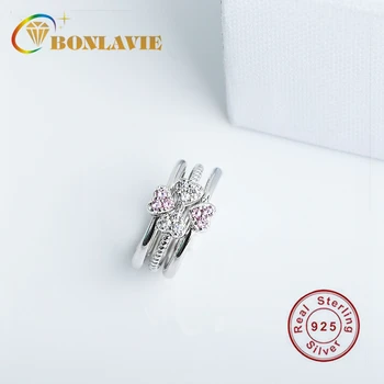 

BONLAVIE S925 Sterling Silver Four-leaf Clover Ring Three-in-one Combination Detachable Jewelry Women Fashion Love Bow Ring