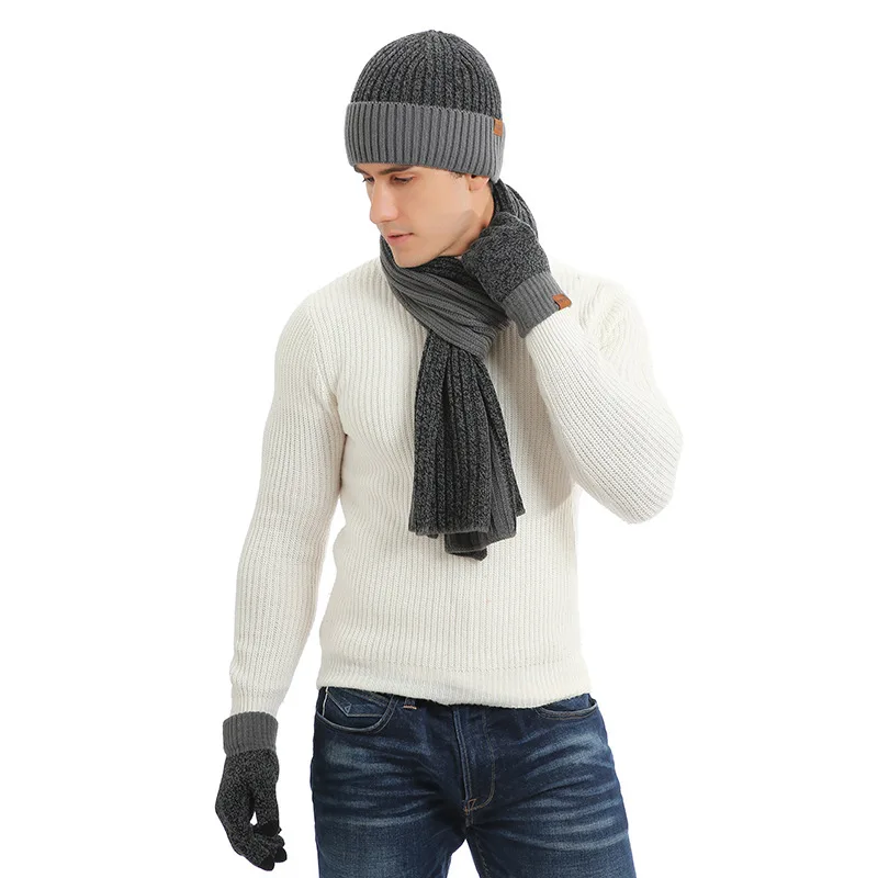 Зимние шапки для женщин шарф-перчатка набор для мужчин шляпа шерсть Skullies Beain и шарфы перчатки набор из трех предметов сохраняет тепло - Цвет: Dark grey
