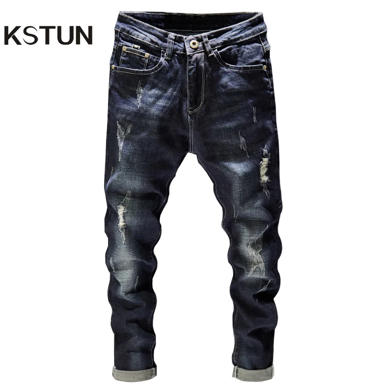 Ripped Men Jeans Dark Blue Stretch Slim Fit Destroyed Broken Holes Denim Pants Casual Biker Jeans Male Hip hop Mens Punk Jeans Ripped Men Jeans Dark Blue Stretch Slim Fit Destroyed Broken Holes Denim Pants Casual Biker Jeans Male Hip hop Mens Punk Jeans