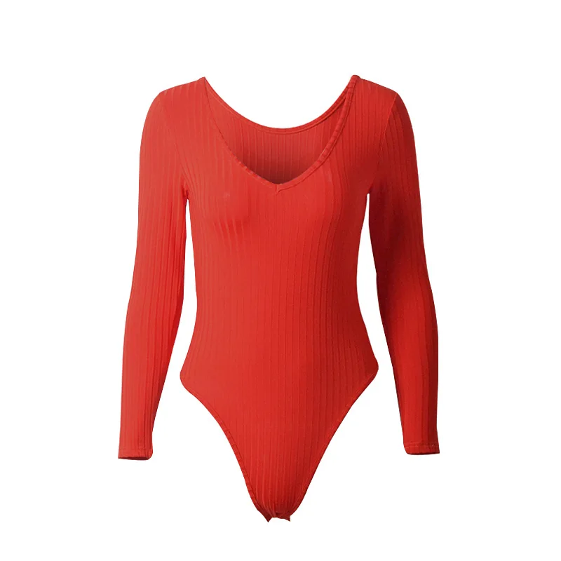 Autumn Ribbed Knitted Sexy Low Cut Bodysuit Women Black White Red V Neck Female Long Sleeve Jumpsuit Office Lady Slim Top Winter