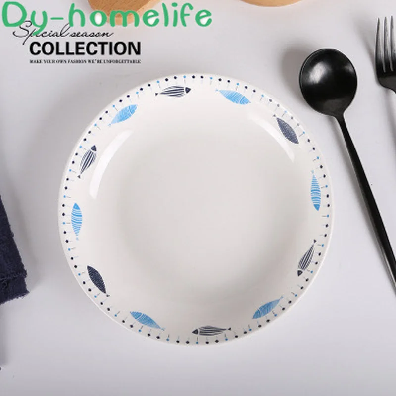 

8-inch Round Hand-painted Small Fish Pattern Ceramic Western Plate Bone China Main Dish Home Kitchen Hotel Tableware Supplies