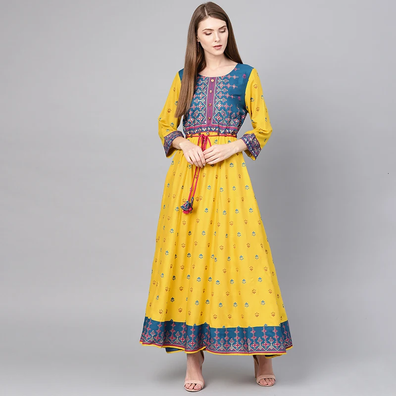 Пакистанское платье женщина чистого хлопка печати Тонкий желтый цвет сари индийская одежда дамы Kurta Caftan