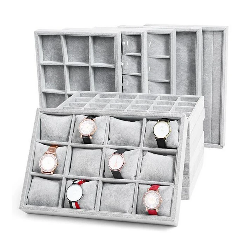 

Fashion Ice Grey Velvet Jewelry Tray Jewelllery Storage Box Watch Holder Necklace Ring Earrings Pendant Display Organizer Series