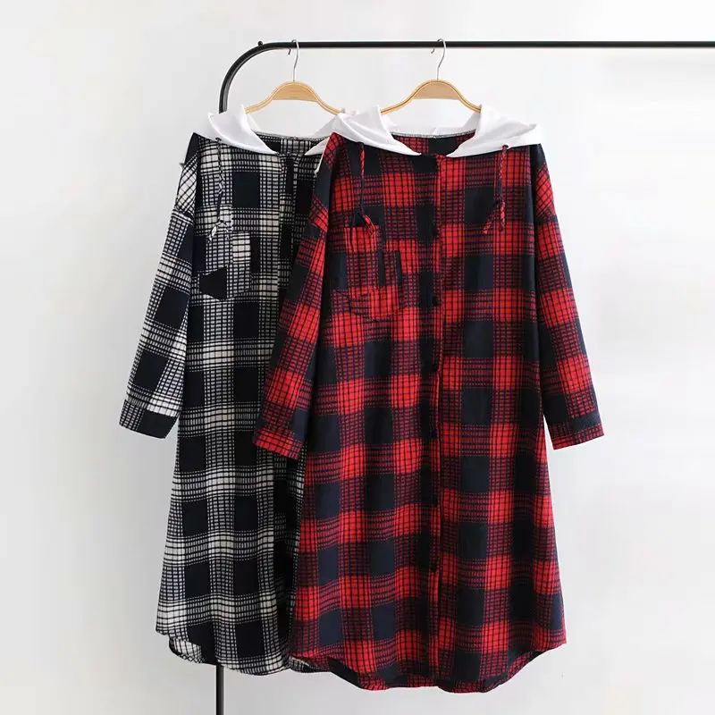 

2018 Fashion New Style Plaid Large Version of Hooded Coat Cardigan Women's A1712