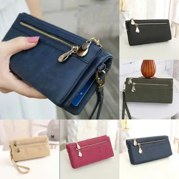 

Women Case Purse lady Suede Sewing thread Multi-layer Handbags Clutch Leather Wallet Long Card Holder Phone Bag