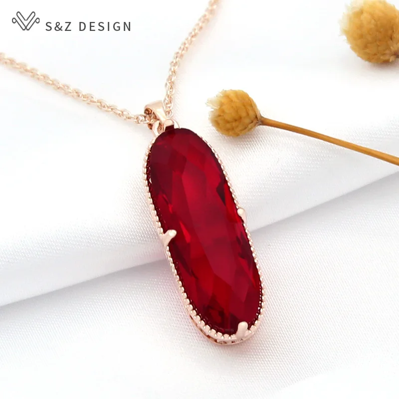 S&Z DESIGN New Vintage Large Oval Crystal Pendant 585 Rose Gold Color Necklace For Women Girls Wedding Jewelry Gift