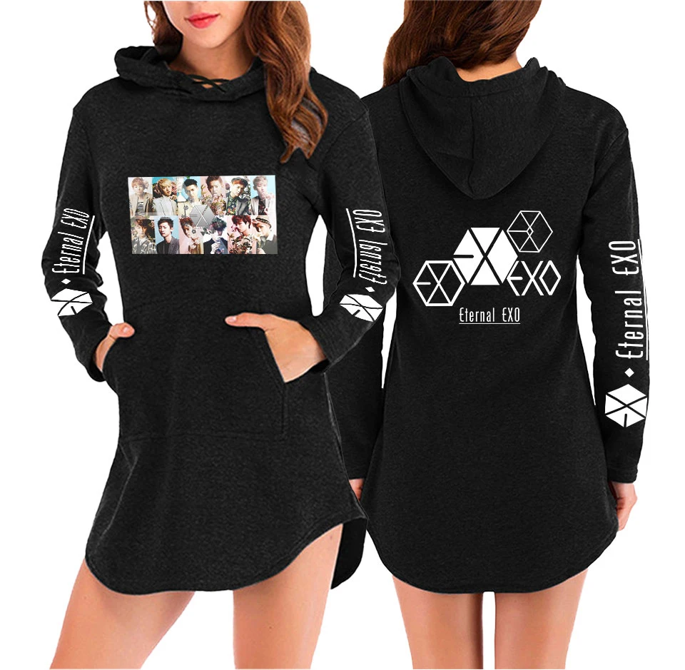 EXO Ablum Толстовка негабаритных женщин асимметричный подол воротник пальто Повседневный корейский стиль Женский сексуальные свитшоты верхняя одежда Уличная