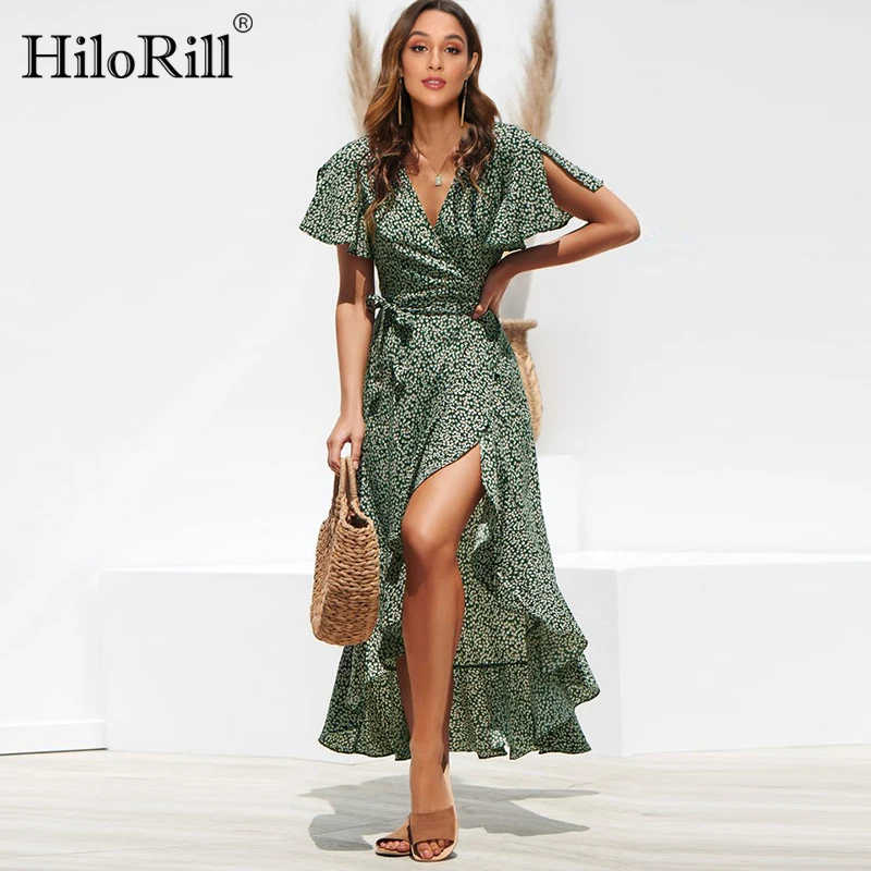 Online Verano playa Maxi Vestido Mujer estampado Floral Boho largo vestido de gasa volantes Wrap Casual cuello en V dividido Sexy vestido de fiesta bata Mujer