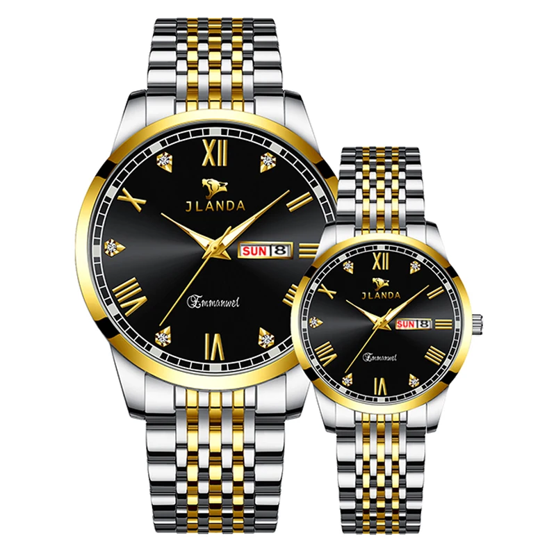 

Luxury Couple Watch Black Golden Fashion Stainless Steel Lovers Watch Quartz Wrist Watches For Women & Men Analog Wristwatch