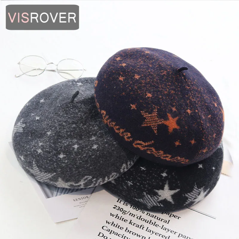 

VISROVER 2020 New christmas star wool Beret Solid Autumn Hat Winter Cap Spring top quality Beret Hat Rabbit Beret gift Wholesale