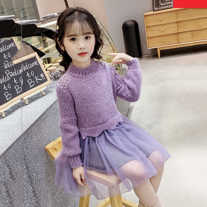 В году, новое осенне-зимнее платье для девочек Сетчатое платье для маленьких девочек в стиле пэчворк модное вязаное милое платье принцессы для девочек#8255