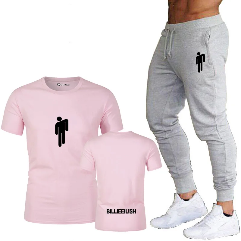 Pink Billie Eilish, модная брендовая одежда, мужская летняя футболка+ штаны, мужской костюм, спортивная одежда, мужская одежда для бега, два предмета, костюм для фитнеса - Цвет: Pink