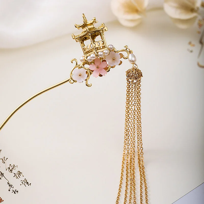 

Chinese Hanfu Antique Style Hairpin Classic Aesthetic Pavilion Flowers Decorated Tassels Women Girl Retro Hair Jewelry LL@17