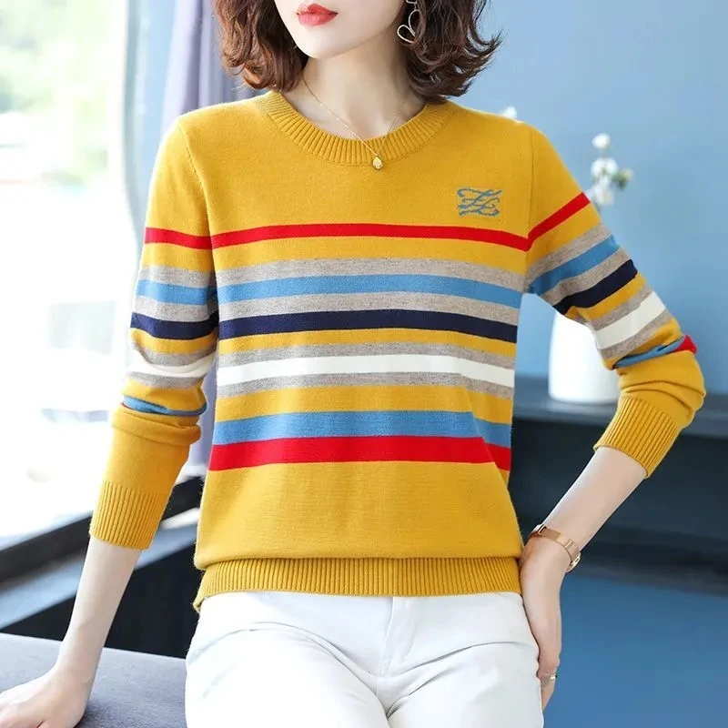 

Chic Striped O-neck Knitted Tops Women Korean Style Elastic Plus Size Loose Sweater Pullover Female Casual Loose Short knitwear