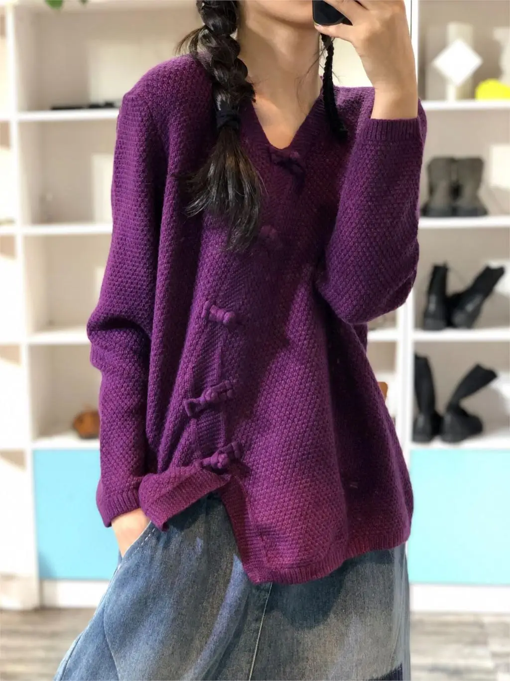 Вязанный женский свитер с гофрированным воротником, свободный джемпер, свитер с цветами и пуловер, Женская традиционная китайская одежда