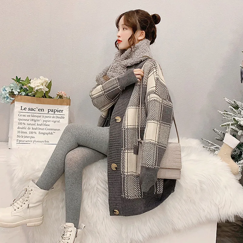 Винтажный клетчатый женский кардиган свободный однобортный женский свитер осень зима женский открытый стежок Джемперы повседневное вязаное пальто