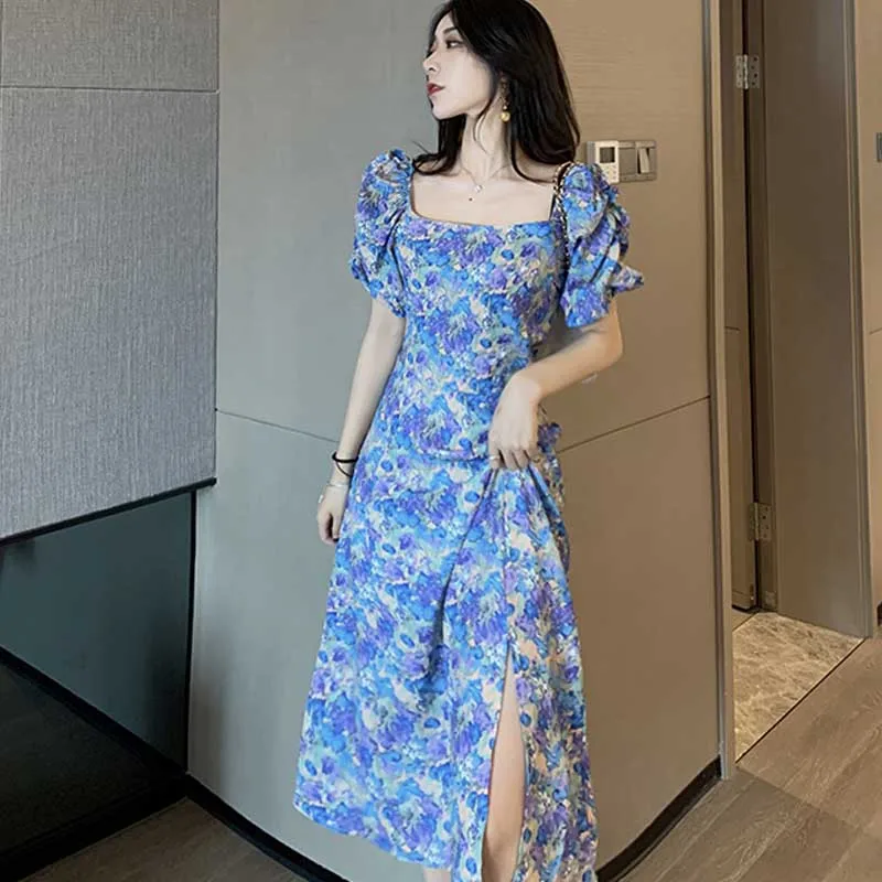 Vintage Chiffon Female Floral Print One-Piece Dress 2020 Summer Fashion Sexy Split Slim Puff Sleeve Dress Women Elegant Dresses