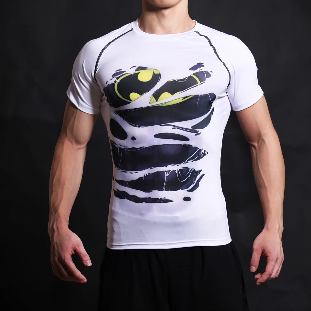 

Compression stretch short sleeve superhero T-shirt 3D printing sports white T-shirt men's role-playing bodybuilding clothing