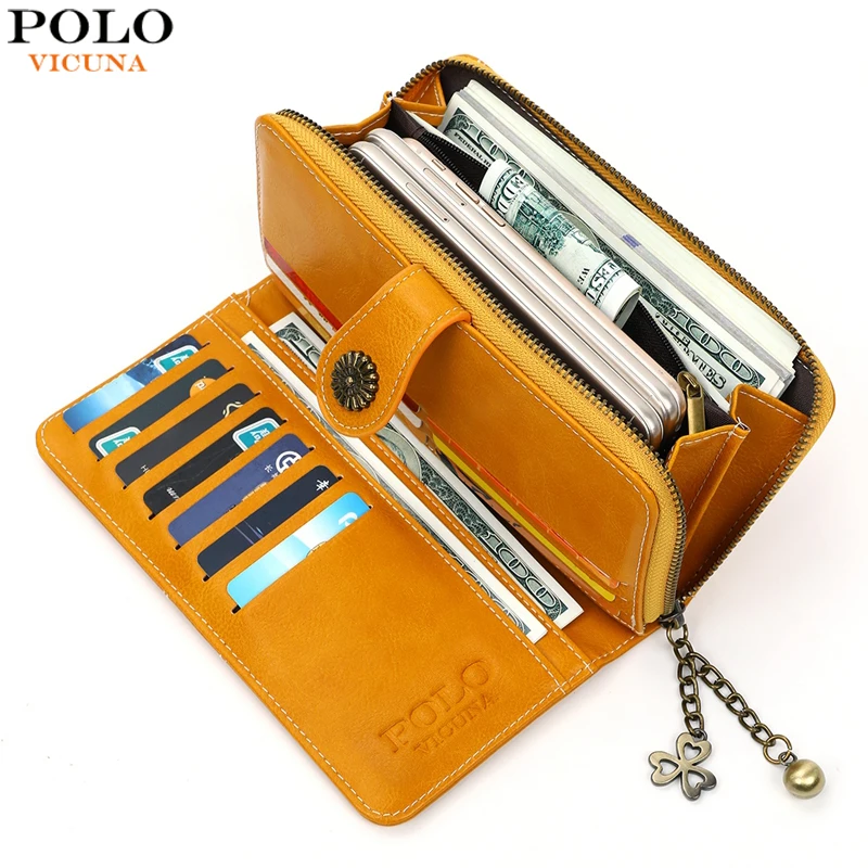 

VICUNA POLO Fashion Waxy Oil Leather Wallet For Women Large Size Ladies Clutch Wallet Purse cartera mujer dropshipping Top Sale