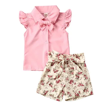 

1-6Y Toddler Kids Baby Girl Summer Ruffle Sleeveless Button Bow Tops T-Shirt Floral Shorts Pants 2Pcs Set Outfits Girl Clothes