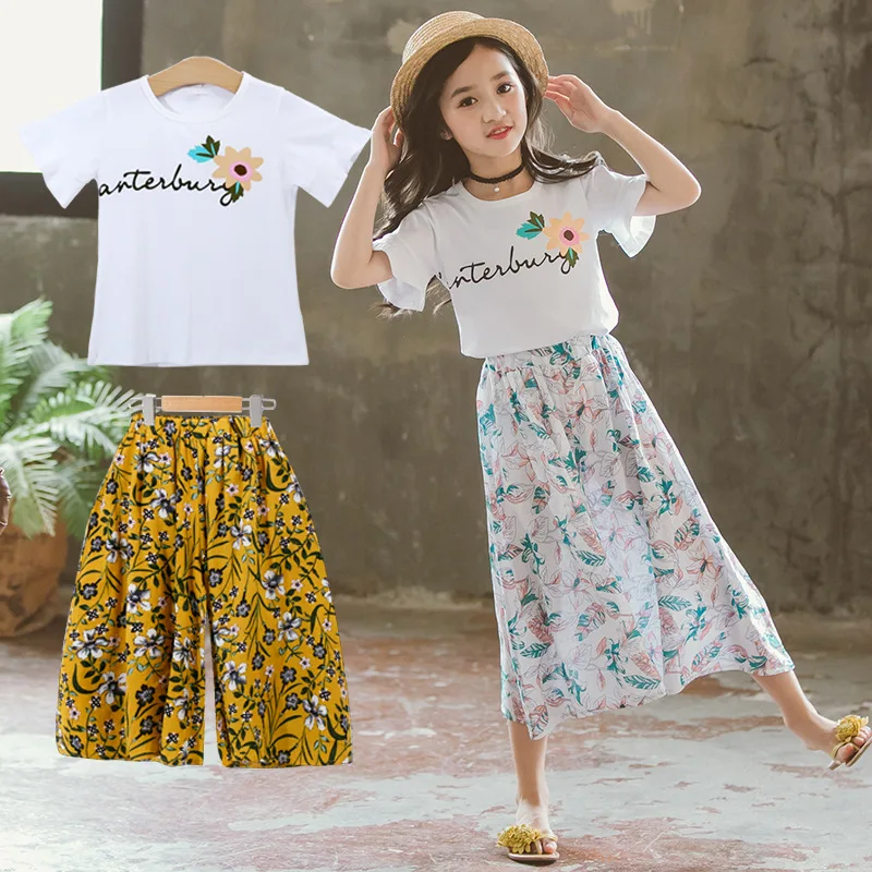 

4-14Years Summer Girls Clothing Sets 2019 New Baby Teenage Kids Fashion Short Sleeve T-Shirt + Printing Wide Leg Pant 2Pcs Suit