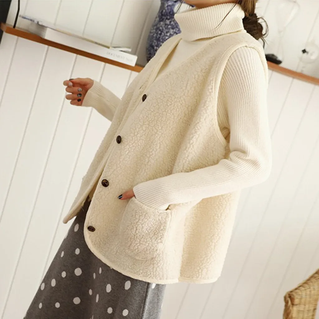 CHAMSGEND Plush Vest Coat Women Autumn Winter Solid Color Buttons Pockets Overcoat Ladies Fashion Sleeveless Loose Vest