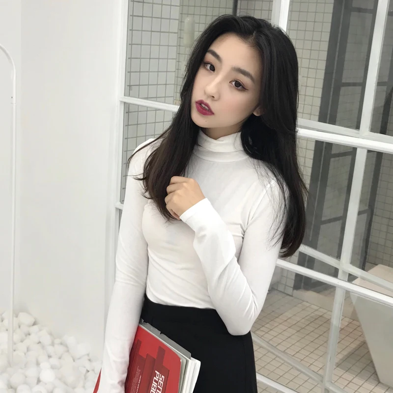 Белый Женские однотонные футболки с высоким воротом, Harajuku, зимняя футболка, облегающая одежда, рубашки с длинным рукавом, обтягивающие хлопковые V688 - Цвет: Белый