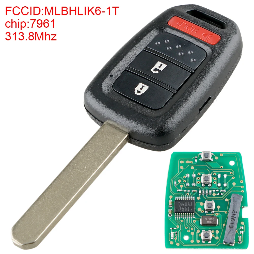 313,8 МГц 2+ 1 кнопки ключ входа Fob Uncut автомобильный удаленный ключ с PCF7961 чип MLBHLIK6-1T Подходит для Honda