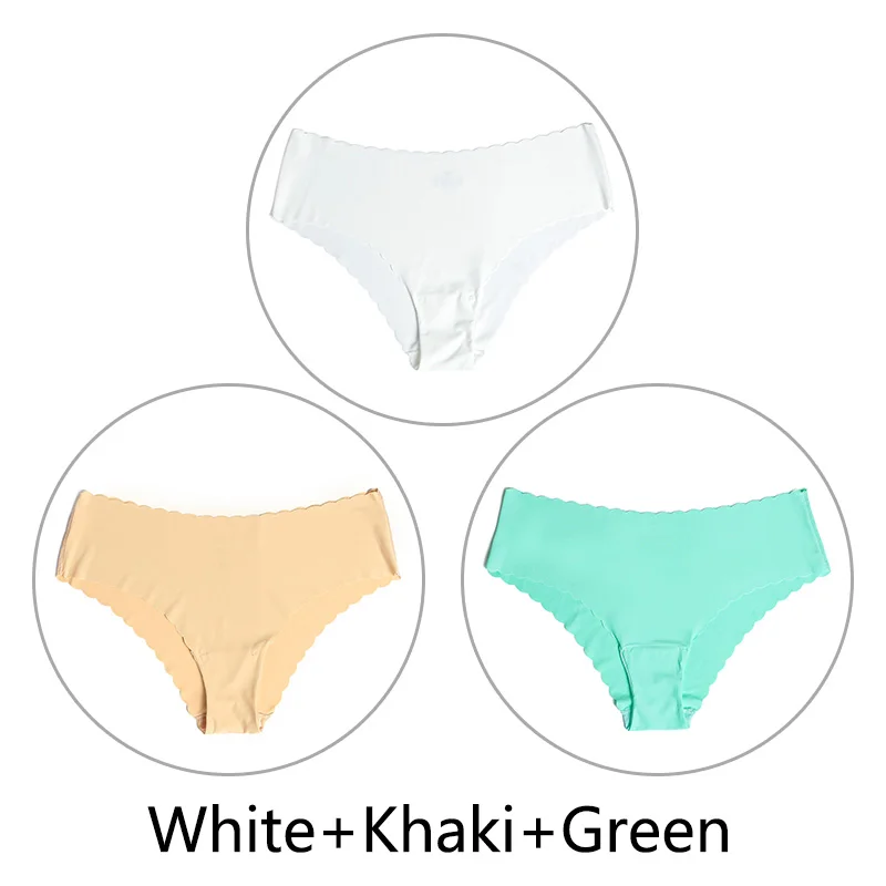 3 шт./партия, кружевные бесшовные трусики, шелковые однотонные сексуальные трусы, женское нижнее белье, ультра-тонкое нижнее белье с низкой посадкой, XS-L, американский размер - Цвет: White Khaki Green