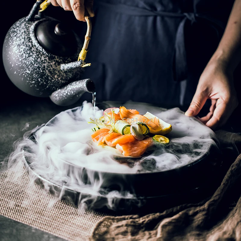 Creative Sashimi Dry Ice Plate Japanese Salmon Seafood Sushi Restaurant High-end Flat Plate Serving