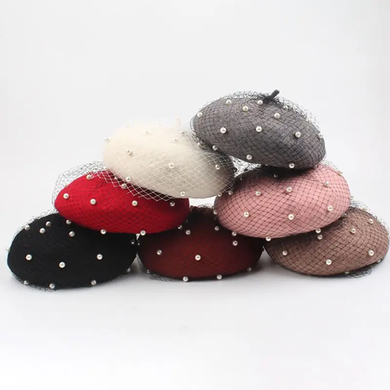 Женский винтажный Зимний берет из искусственной шерсти, шапка с искусственным жемчугом и бусинами, сетчатая шапка с дизайном «Тыква»
