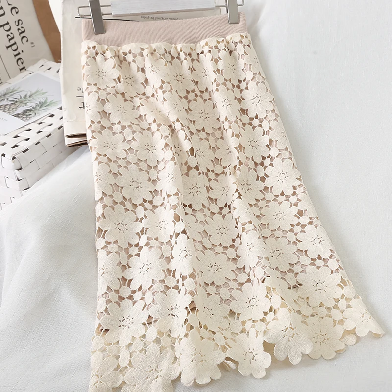 Ropa mujer кружевные юбки женские Осень Весна Южная Корея Шикарные Длинные Кружевные вязаные Лоскутные юбки jupe femme