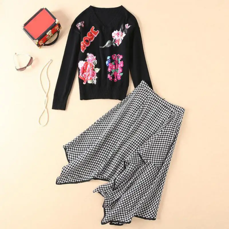 

Red RoosaRosee Designer Autumn Women 2 Piece Set Flower Applique Knitted Black Sweater Irregular Houndstooth Print Skirt Twinset