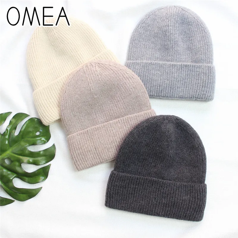 OMEA, одноцветные вязаные зимние шапки для женщин, зимняя шапка из искусственного меха Ангоры и кролика, плотная вязаная шапочка для мужчин, плюс бархатная флисовая шапка