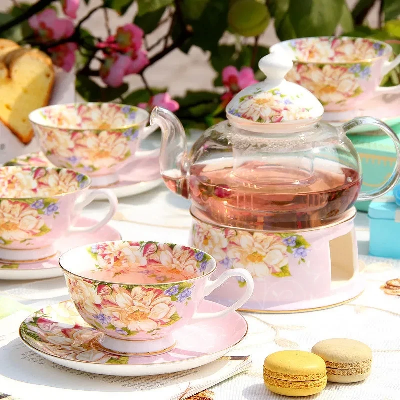 

Glass Flower Tea set, European-style Household Boiled Teapot Black tea cup Ceramic Complete Afternoon Tea set Can be heated