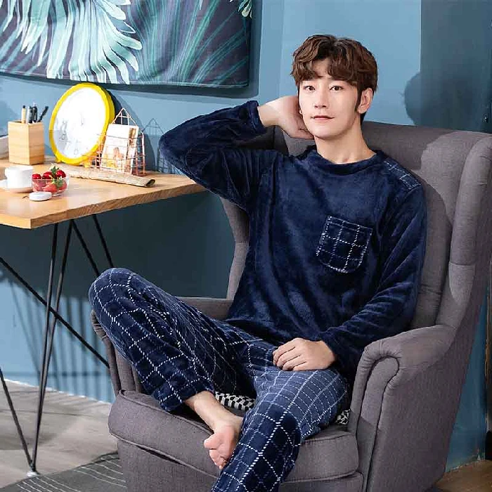 mens silk pajama set Winter Warm Pajamas For Men Stripe Pajama Sets Men's Flannel Thick Pyjamas Suit Man Long Sleeve Casual Fleece 2 pieces Sleepwear cotton pajama pants Men's Sleep & Lounge