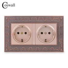 Coswall 16A Россия Испания ЕС Стандартный двойной Мощность гнездо тиснение Ретро цинковый сплав металла Панель электрическая розетка в стену золото