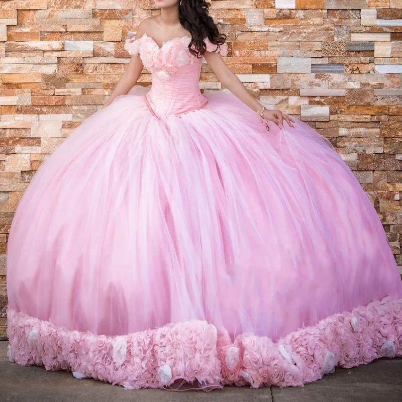 

2024 vestidos de 15 anos Princess Ball Gown Quinceanera Dresses Puffy Skirt 3D Floral Applique Off Shoulder Pageant Dress