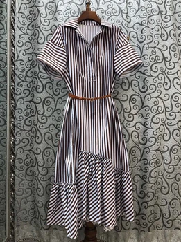 

2020 Spring and Summer New Women's Lapel Striped Decorative Buckle Waist Hugging Lotus Leaf Swing Short-Sleeve Dress 637