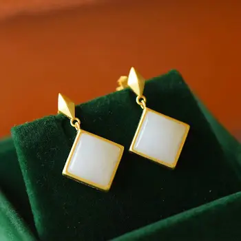 

New silver inlaid natural Hetian white Chalcedony geometric block Earrings Chinese style retro palace charm women's jewelry