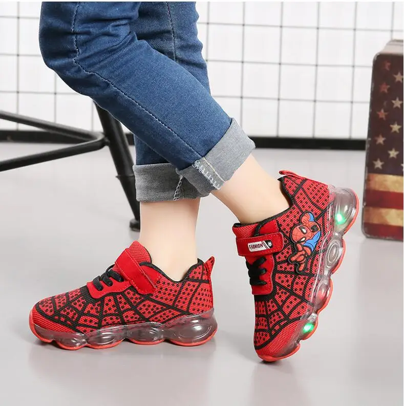 Spiderman Kids Boys Sports Sneakers Glowing Kids Shoe With LED light Size 21-30