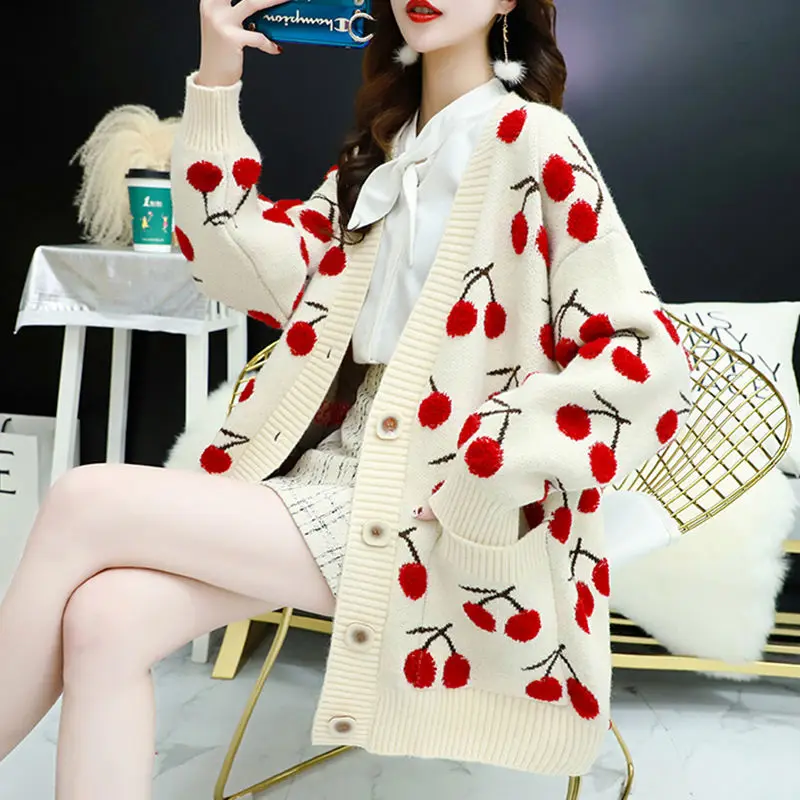 Vangull Fruit Printting Knitted Women Sweater