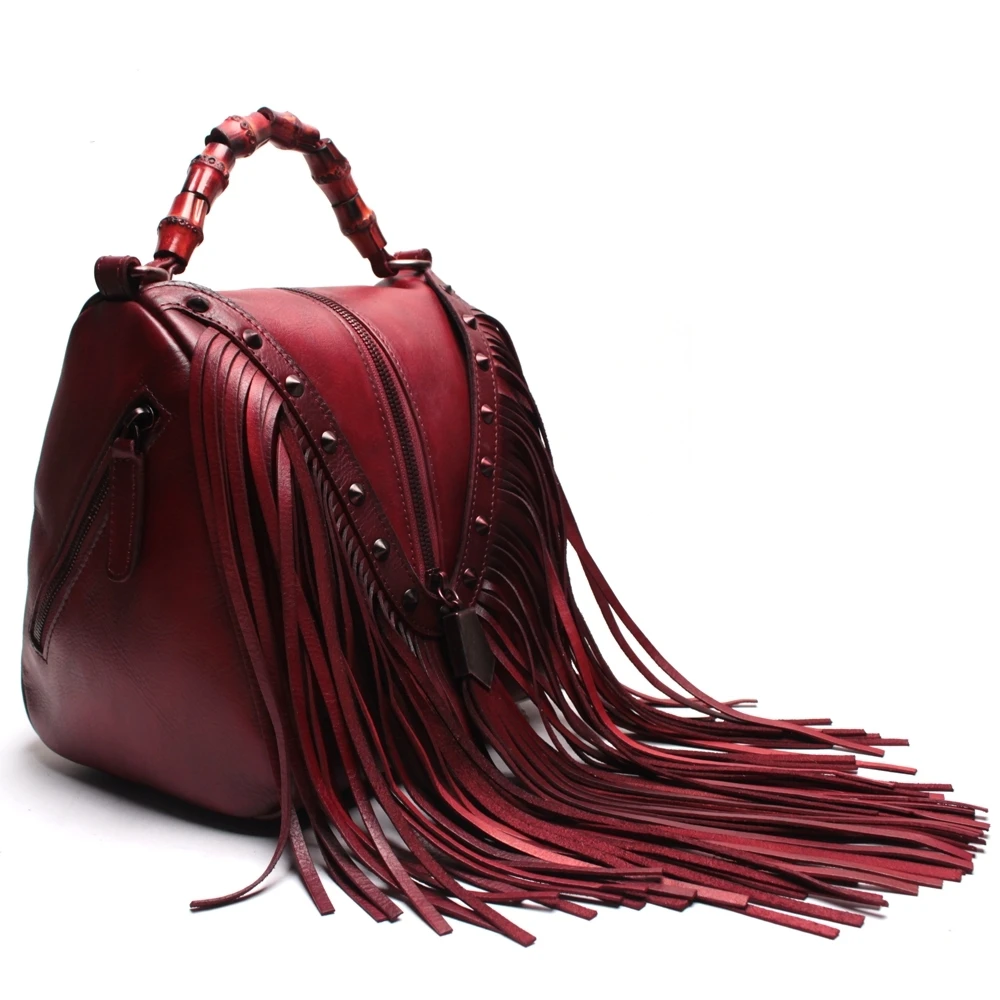 Handmade High Quality Cowhide Leather Handbags With Suede Tassels