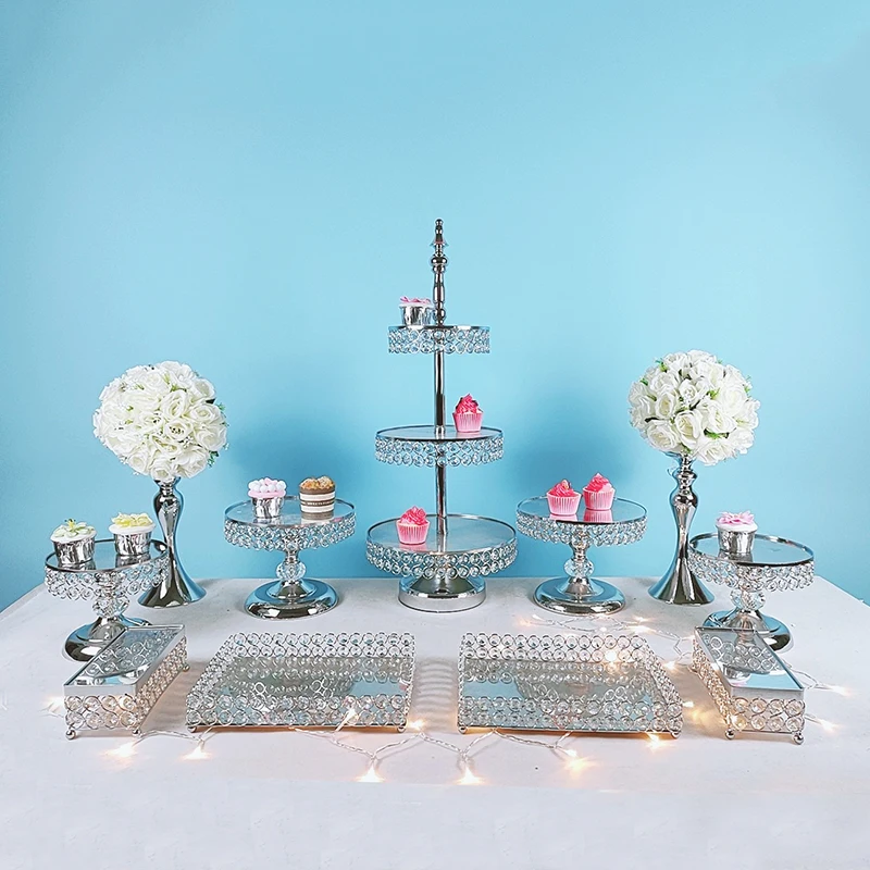 3pcs-15pcs Metal Electroplate Mirror Cake Stand Set Display gold silver crystal cupcake plate