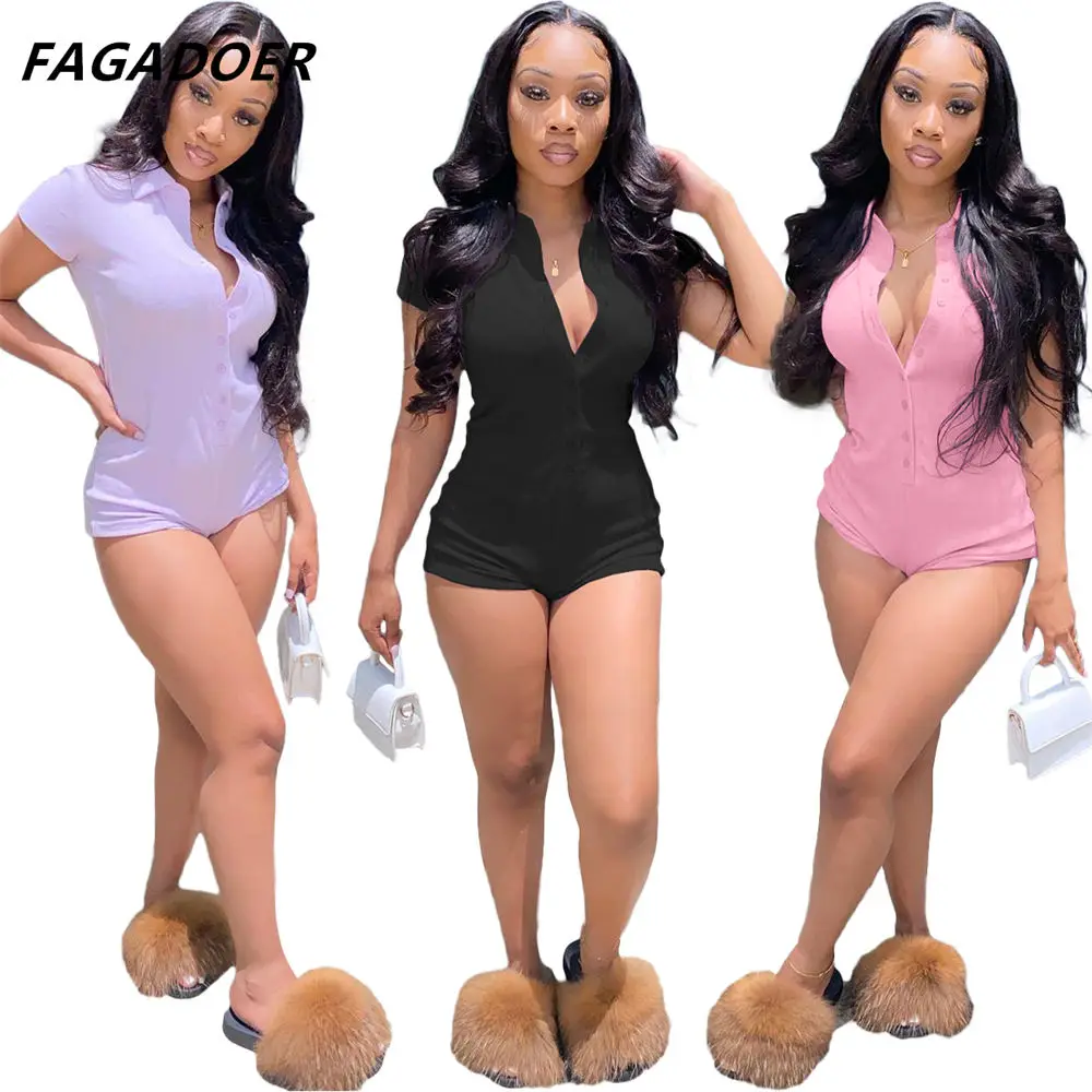 FAGADOER Bodycon Jumpsuit Women Sexy Short Sleeves Buttons One Piece Outfits Summer Fashion V Neck Rompers Streetwear 2021 women sets mid sleeve denim jumpsuit buttons women summer 2021 new one piece suit femme lace up playsuit female pocket pants set