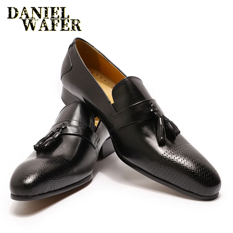 LUXURY MEN'S LOAFERS SHOES ELEGANT DRESS SHOES WEDDING OFFICE LEATHER BLACK BROWN SLIP ON POINTED TASSEL LOAFER MAN CASUAL SHOES