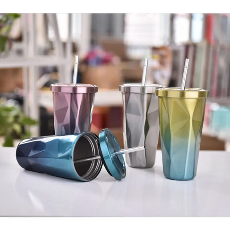 

Creative Diamond Gradient Stainless Steel Cups With Straws 500ml Drinking Tumblers Eco-Friendly Cups For Fruit Juice