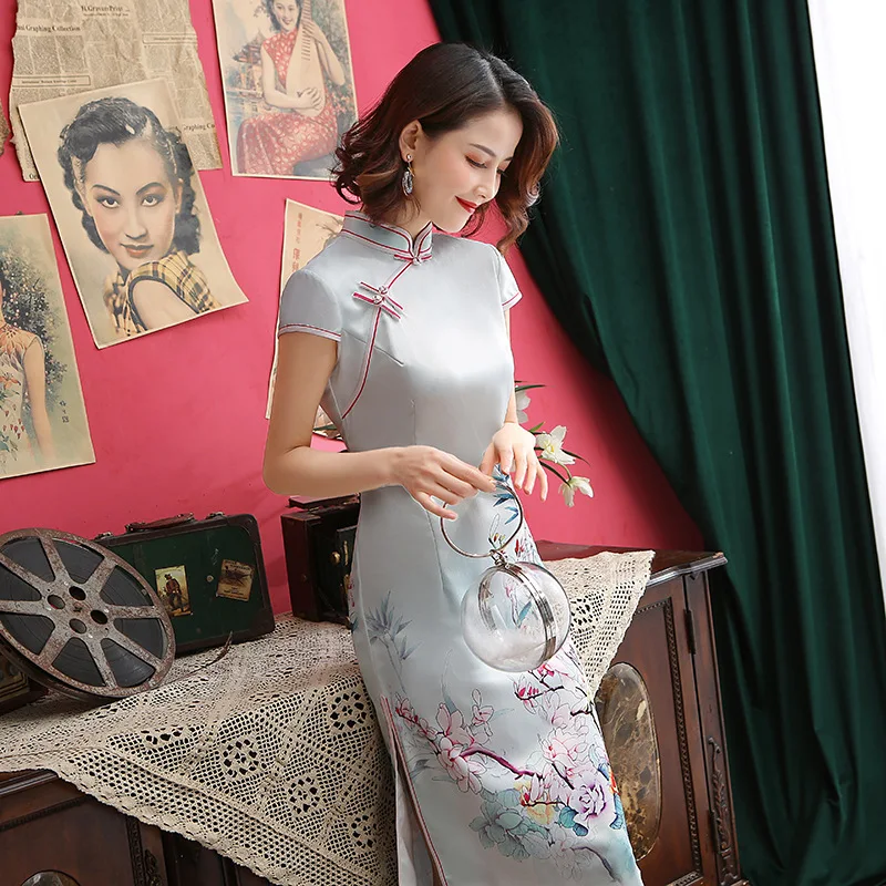 Цветочный принт для женщин тонкий Cheongsam сексуальное китайское традиционное платье вискоза ручной работы Кнопка Qipao Vestidos Размер M-4XL