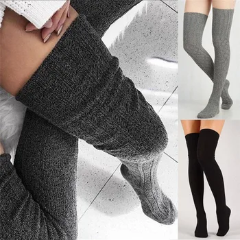 

Women Over Knee Socks Fashion Female Sexy Stockings Warm Long Boot Knit Thigh-High Gray Khaki Blue Black
